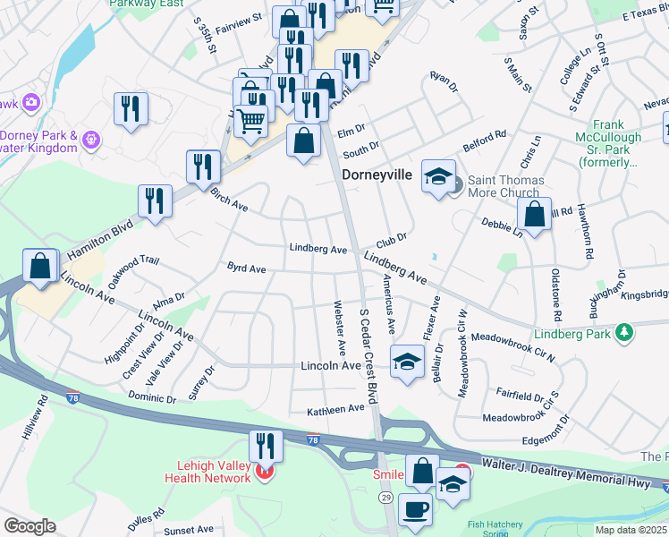 map of restaurants, bars, coffee shops, grocery stores, and more near 3233 Byrd Avenue in Allentown