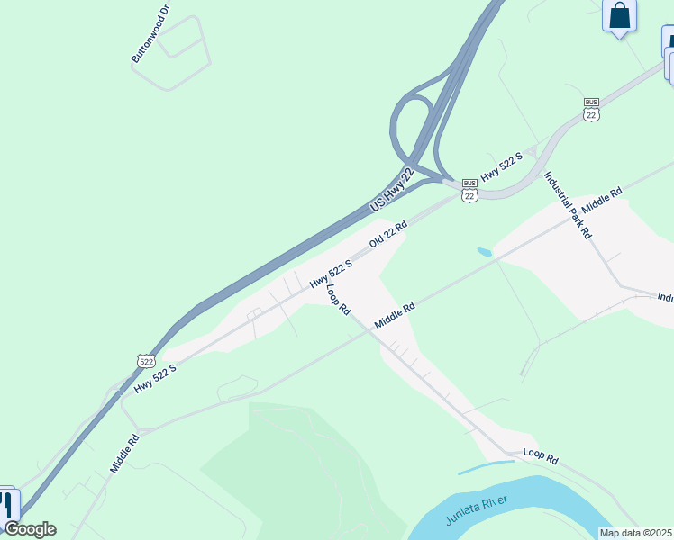 map of restaurants, bars, coffee shops, grocery stores, and more near Highway 522 South in Mifflin County
