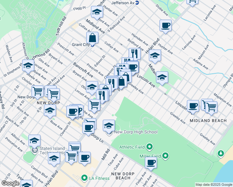 map of restaurants, bars, coffee shops, grocery stores, and more near 2320 Hylan Boulevard in Staten Island
