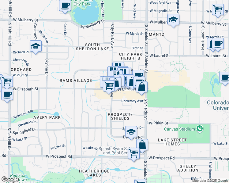 map of restaurants, bars, coffee shops, grocery stores, and more near 1336 West Elizabeth Street in Fort Collins