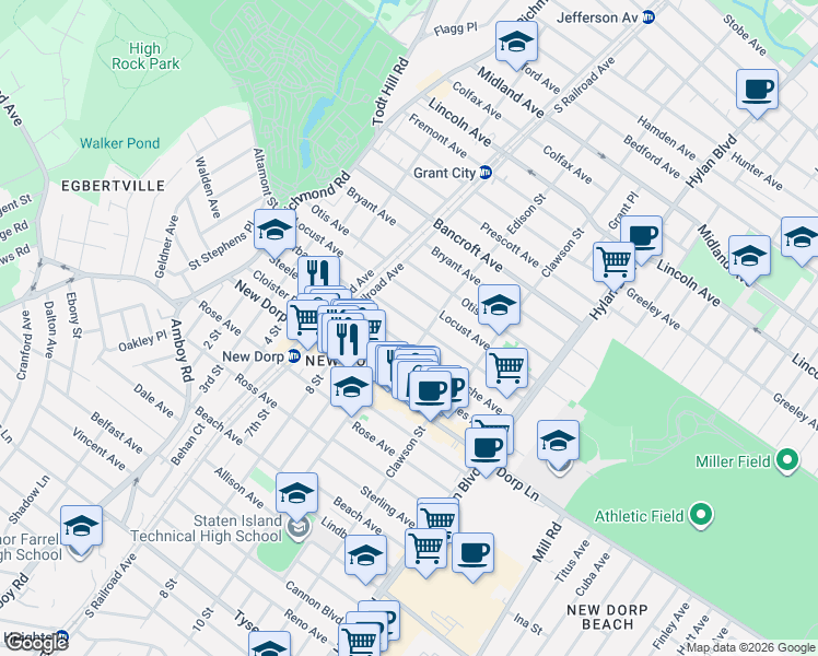 map of restaurants, bars, coffee shops, grocery stores, and more near 196 Locust Avenue in Staten Island