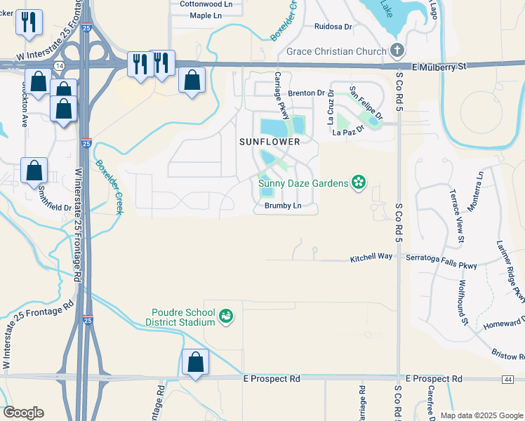 map of restaurants, bars, coffee shops, grocery stores, and more near 4685 Brumby Lane in Fort Collins