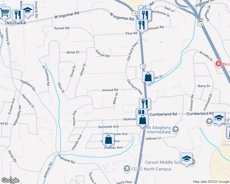 map of restaurants, bars, coffee shops, grocery stores, and more near 9261 Mary Street in Pittsburgh