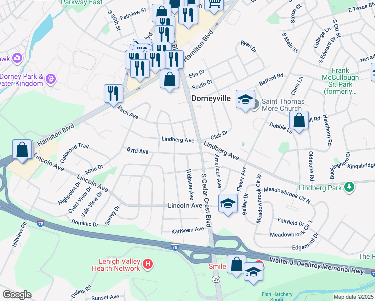 map of restaurants, bars, coffee shops, grocery stores, and more near 3233 Byrd Avenue in Allentown