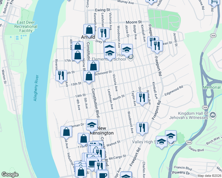 map of restaurants, bars, coffee shops, grocery stores, and more near 1526 Leishman Avenue in Arnold