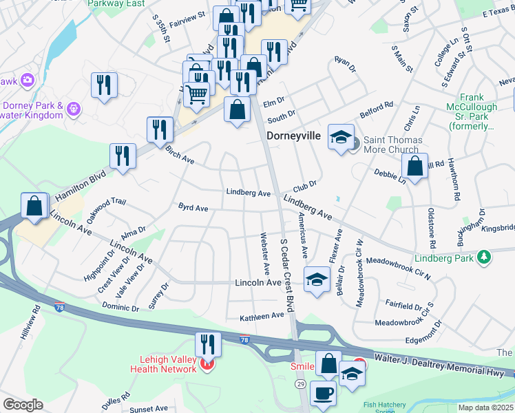 map of restaurants, bars, coffee shops, grocery stores, and more near 3307 Byrd Avenue in Allentown