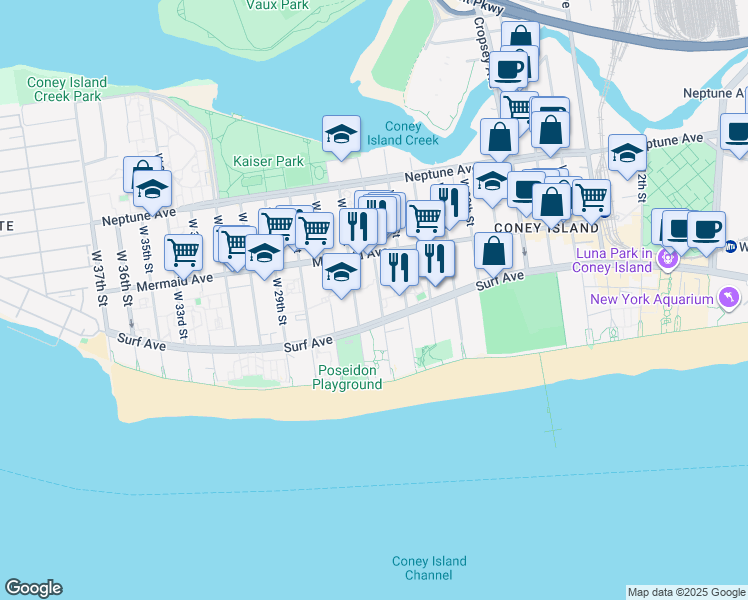 map of restaurants, bars, coffee shops, grocery stores, and more near 2960 West 24th Street in Brooklyn
