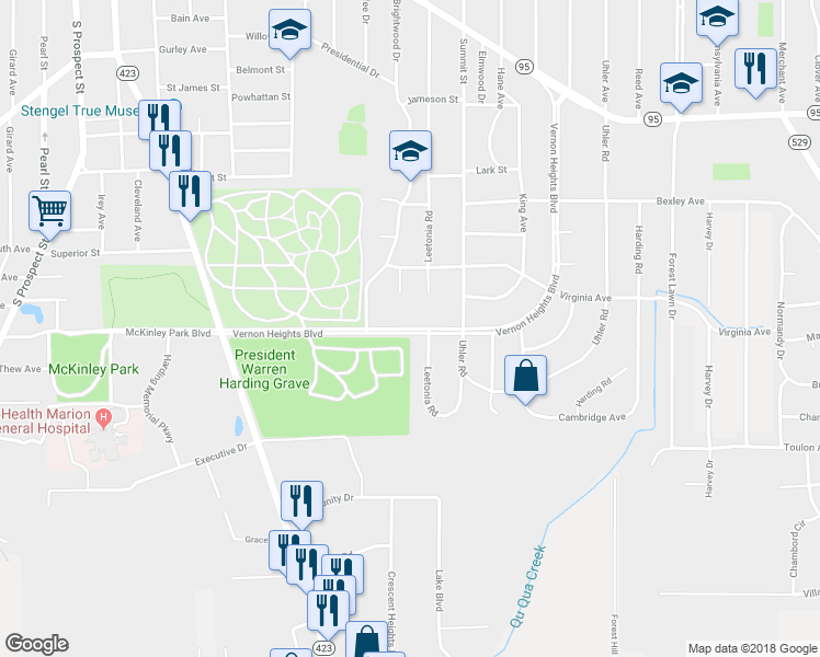 map of restaurants, bars, coffee shops, grocery stores, and more near 1011 Vernon Heights Boulevard in Marion