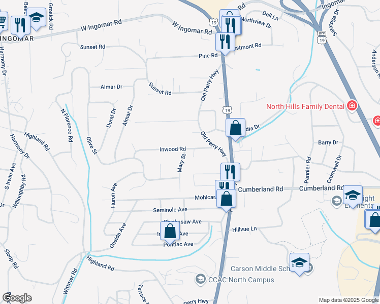 map of restaurants, bars, coffee shops, grocery stores, and more near 160 Inwood Road in Pittsburgh
