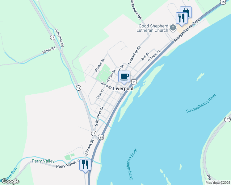 map of restaurants, bars, coffee shops, grocery stores, and more near 104 North Market Street in Liverpool