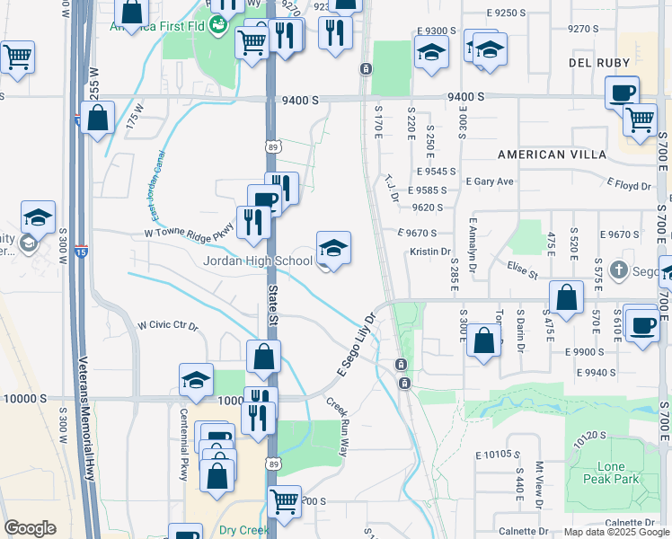 map of restaurants, bars, coffee shops, grocery stores, and more near 95 Beetdigger Boulevard in Sandy