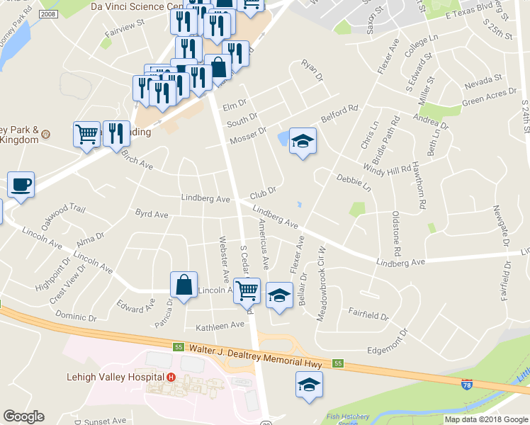 map of restaurants, bars, coffee shops, grocery stores, and more near 3140 Lindberg Avenue in Allentown