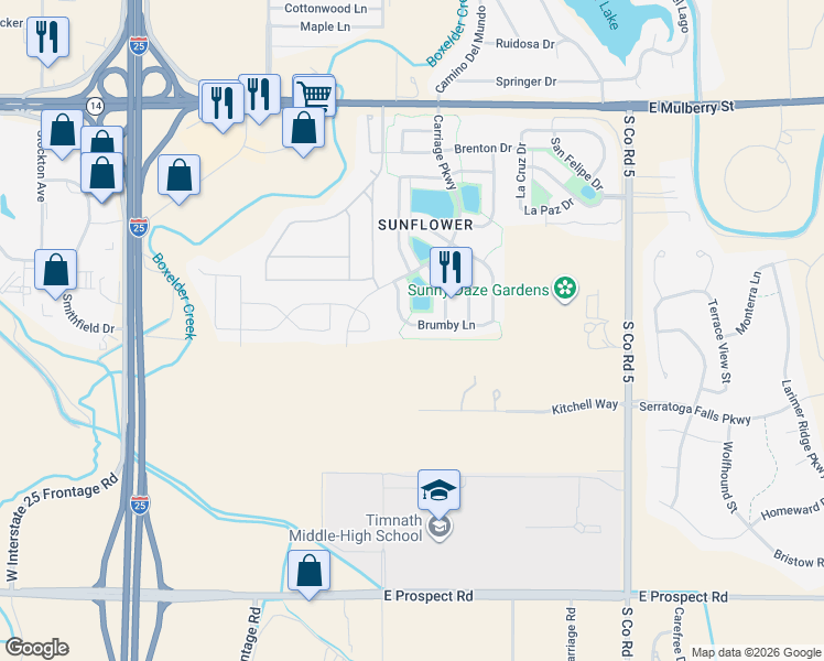 map of restaurants, bars, coffee shops, grocery stores, and more near 1024 Coachman Lane in Fort Collins