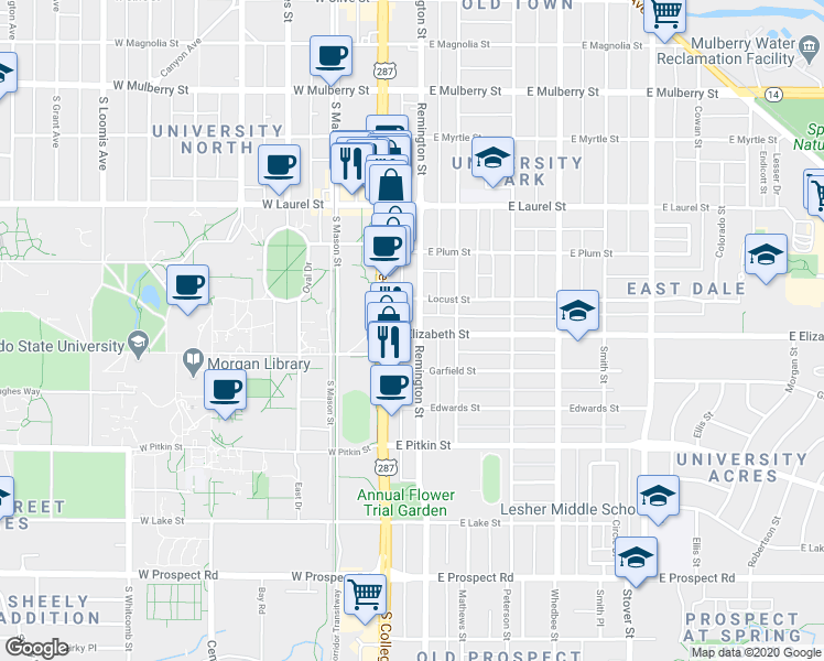 map of restaurants, bars, coffee shops, grocery stores, and more near 914 South College Avenue in Fort Collins