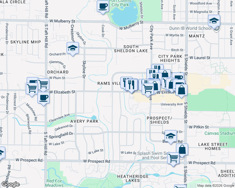 map of restaurants, bars, coffee shops, grocery stores, and more near in Fort Collins
