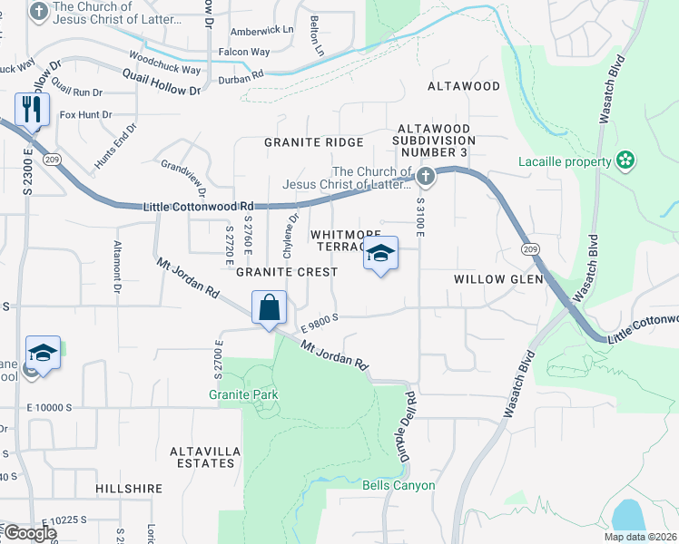 map of restaurants, bars, coffee shops, grocery stores, and more near 9698 Carriagehouse Lane in Sandy
