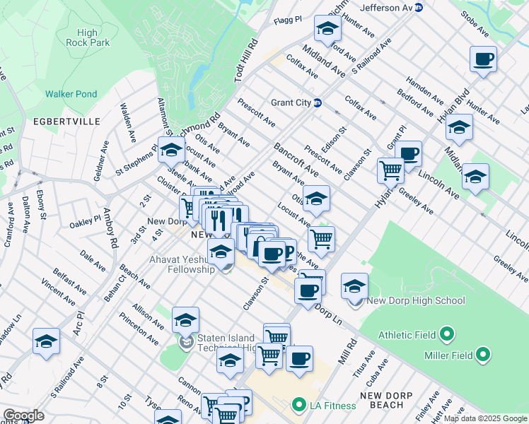 map of restaurants, bars, coffee shops, grocery stores, and more near 196 Locust Avenue in Staten Island