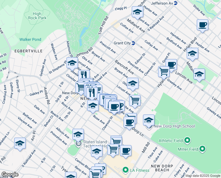 map of restaurants, bars, coffee shops, grocery stores, and more near 196 Locust Avenue in Staten Island
