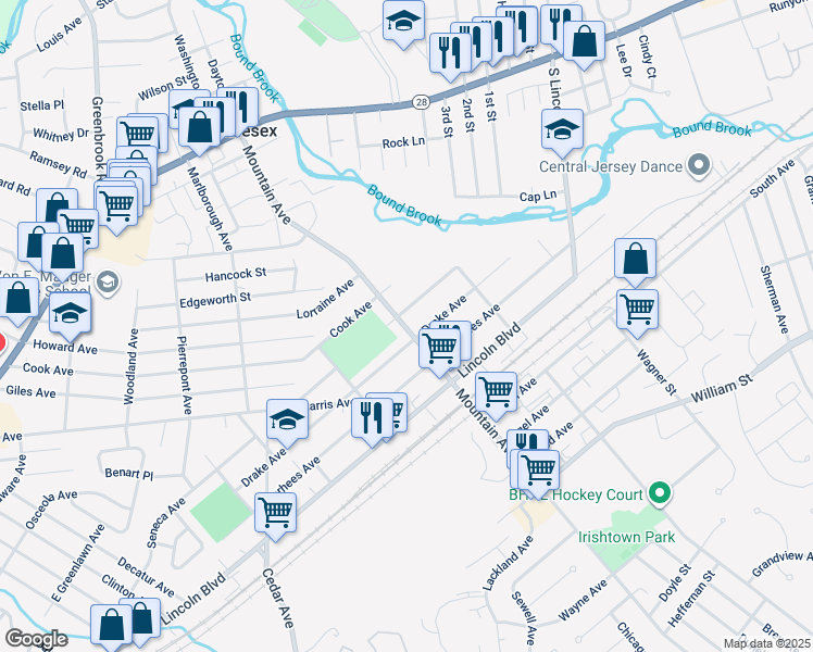 map of restaurants, bars, coffee shops, grocery stores, and more near 712 Pershing Avenue in Middlesex