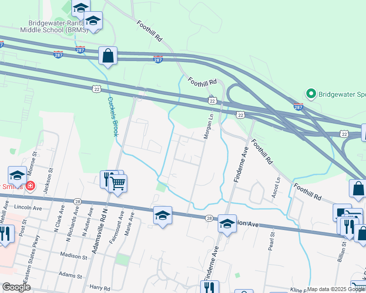 map of restaurants, bars, coffee shops, grocery stores, and more near 10 Stanford Drive in Bridgewater Township