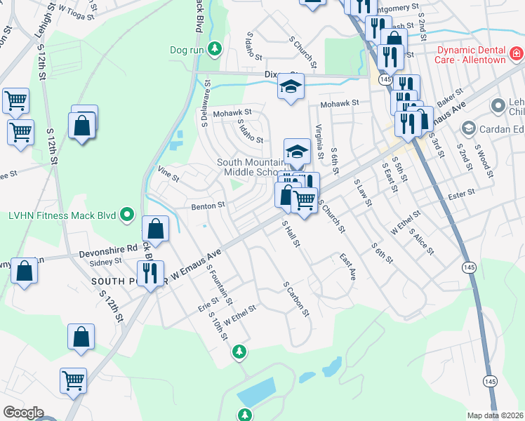 map of restaurants, bars, coffee shops, grocery stores, and more near 2112 Baker Drive in Allentown
