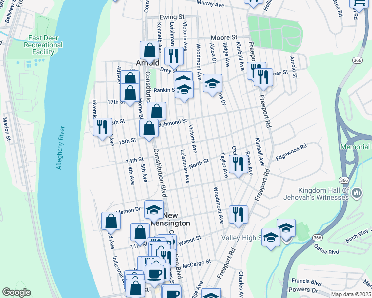 map of restaurants, bars, coffee shops, grocery stores, and more near 1607 Leishman Avenue in New Kensington