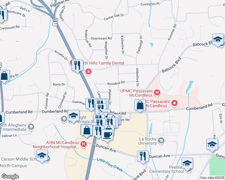 map of restaurants, bars, coffee shops, grocery stores, and more near 848 Rosalind Road in Pittsburgh