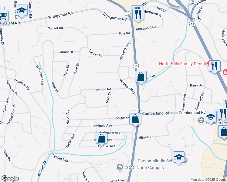 map of restaurants, bars, coffee shops, grocery stores, and more near 160 Inwood Road in Pittsburgh