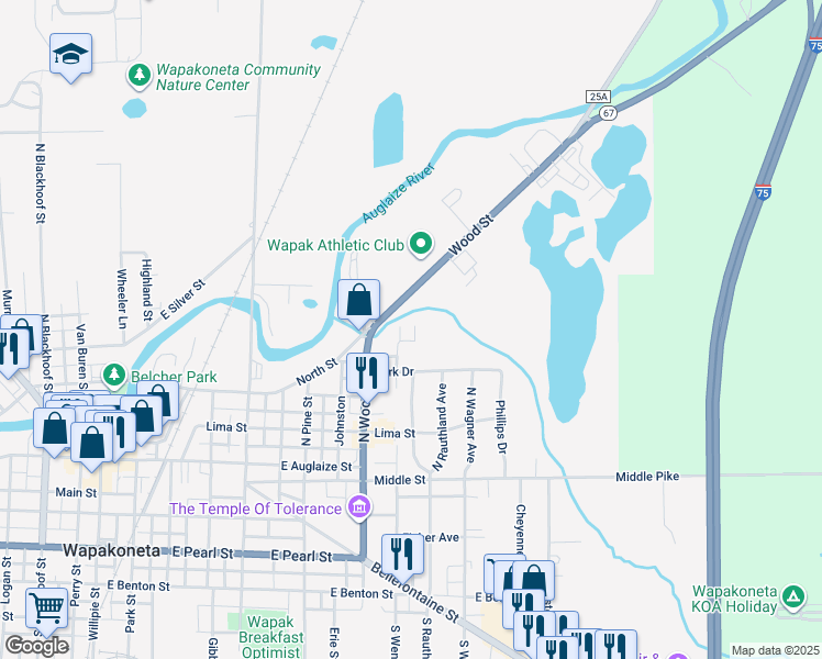 map of restaurants, bars, coffee shops, grocery stores, and more near 509 North Dixie Highway in Wapakoneta