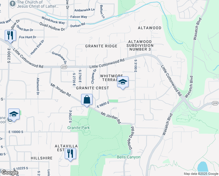 map of restaurants, bars, coffee shops, grocery stores, and more near 9698 Carriagehouse Lane in Sandy