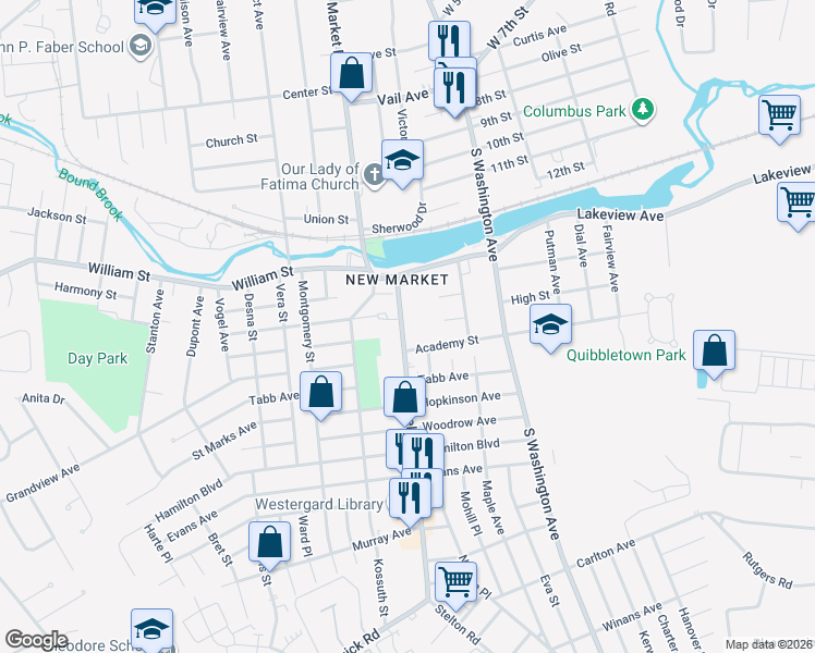 map of restaurants, bars, coffee shops, grocery stores, and more near 13 Stelton Road in Piscataway