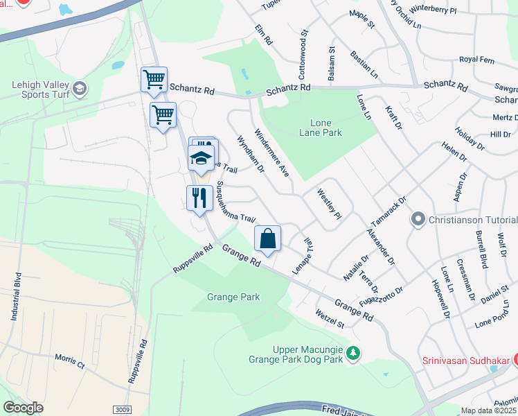 map of restaurants, bars, coffee shops, grocery stores, and more near 264 Lenape Trail in Allentown
