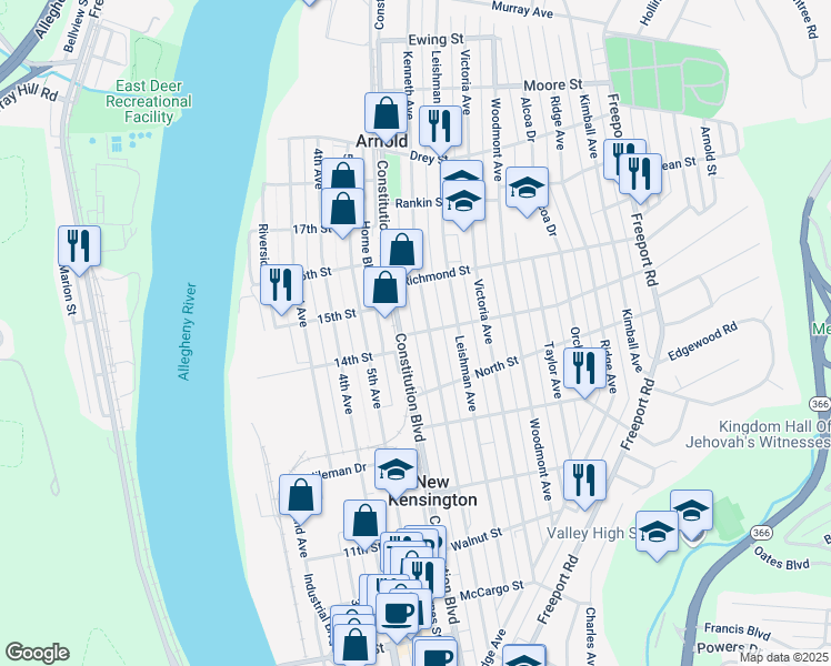 map of restaurants, bars, coffee shops, grocery stores, and more near Proctor Alley in New Kensington