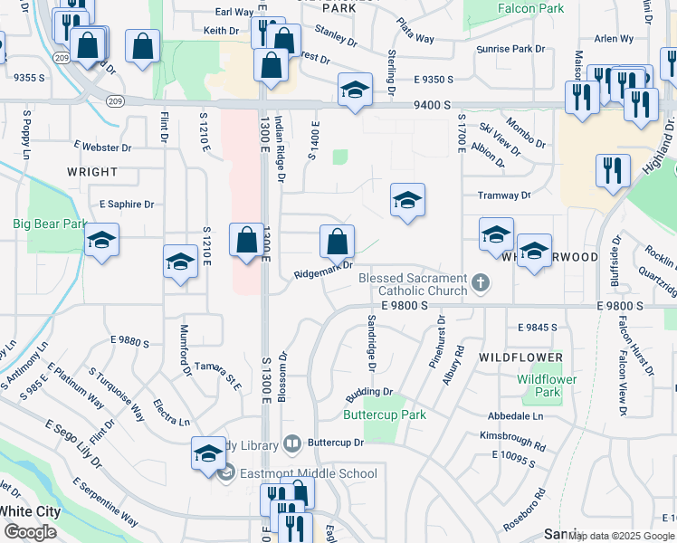 map of restaurants, bars, coffee shops, grocery stores, and more near 1454 Ridgemark Drive in Sandy