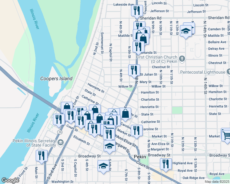 map of restaurants, bars, coffee shops, grocery stores, and more near 400-404 Willow St in Pekin