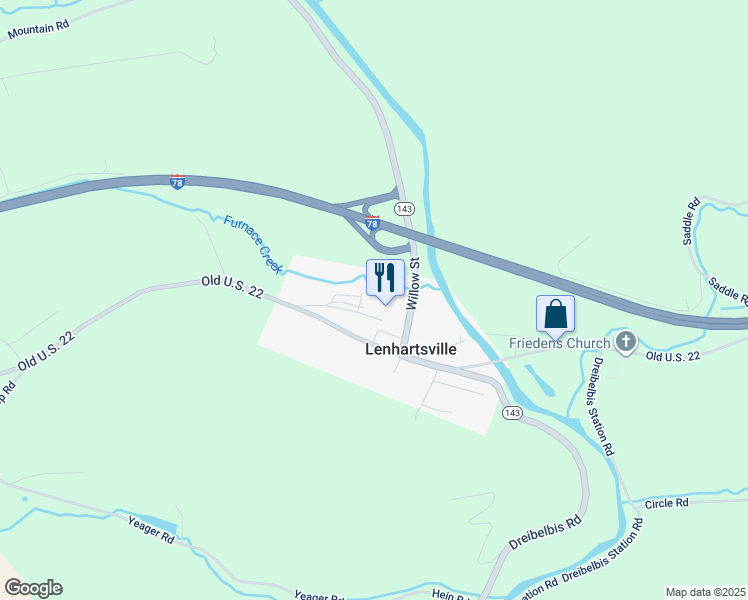 map of restaurants, bars, coffee shops, grocery stores, and more near 65 Penn Street in Lenhartsville