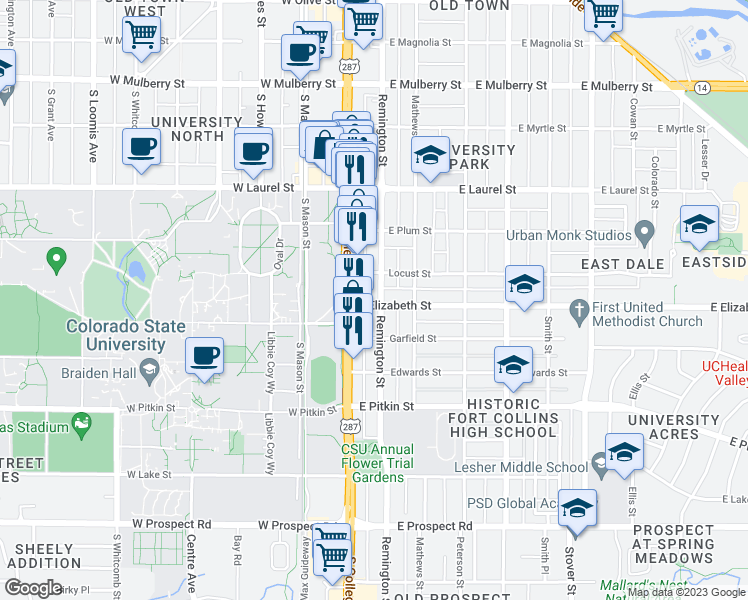 map of restaurants, bars, coffee shops, grocery stores, and more near 914 South College Avenue in Fort Collins