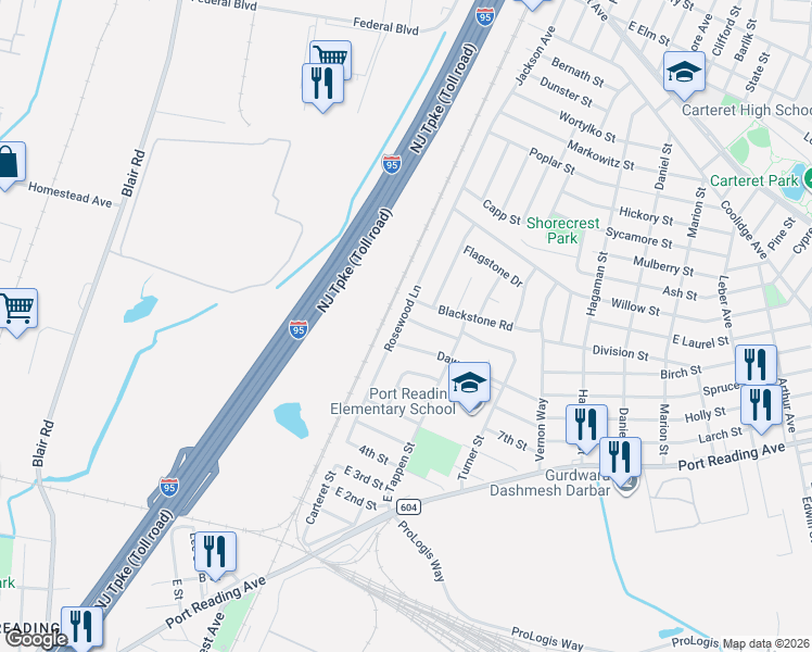 map of restaurants, bars, coffee shops, grocery stores, and more near 200 Rosewood Lane in Woodbridge Township