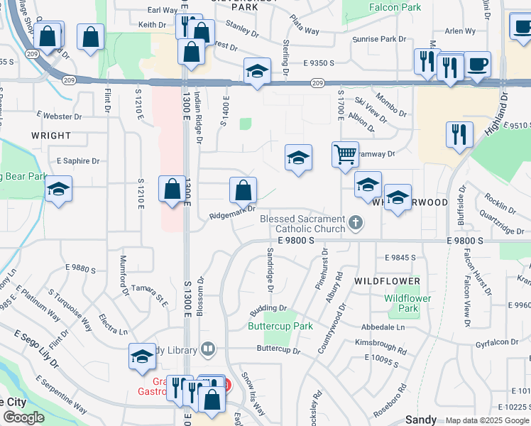 map of restaurants, bars, coffee shops, grocery stores, and more near 9730 Sandridge Drive in Sandy
