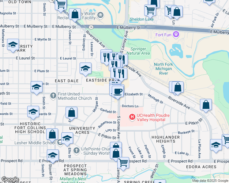 map of restaurants, bars, coffee shops, grocery stores, and more near 1075 Pennock Place in Fort Collins