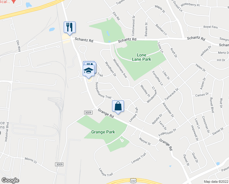 map of restaurants, bars, coffee shops, grocery stores, and more near 264 Lenape Trail in Allentown