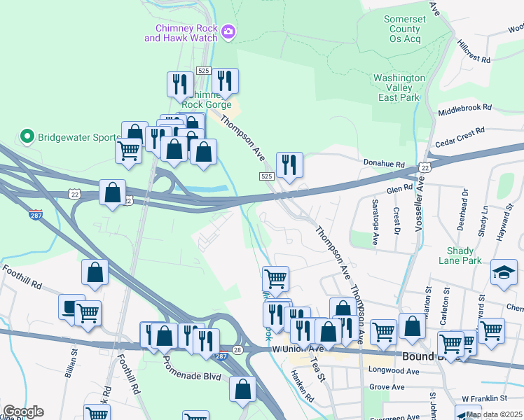 map of restaurants, bars, coffee shops, grocery stores, and more near 617 Stratford Place in Bound Brook