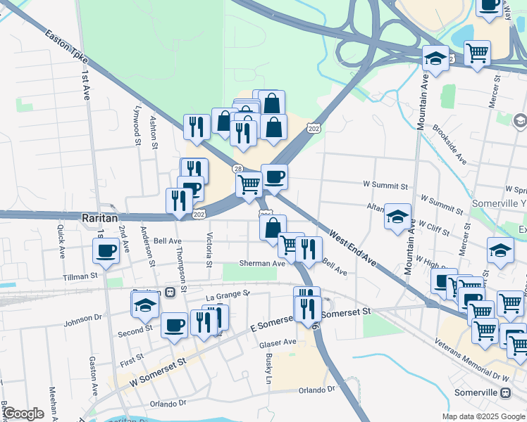 map of restaurants, bars, coffee shops, grocery stores, and more near 149 U.S. 206 in Raritan