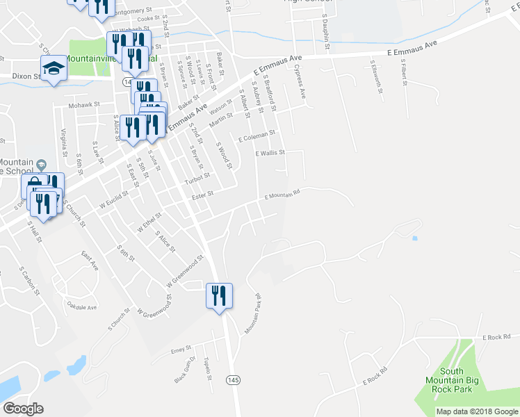 map of restaurants, bars, coffee shops, grocery stores, and more near 2545 South Albert Street in Allentown