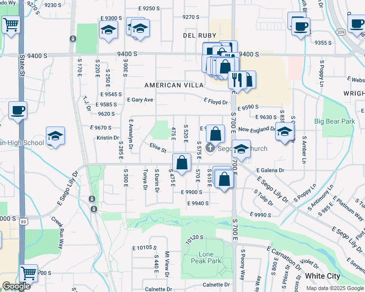 map of restaurants, bars, coffee shops, grocery stores, and more near 9703 South 520 East in Sandy