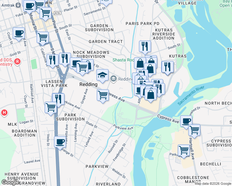 map of restaurants, bars, coffee shops, grocery stores, and more near in Redding