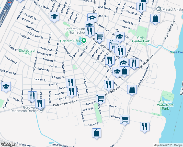 map of restaurants, bars, coffee shops, grocery stores, and more near 25 Longfellow Street in Carteret