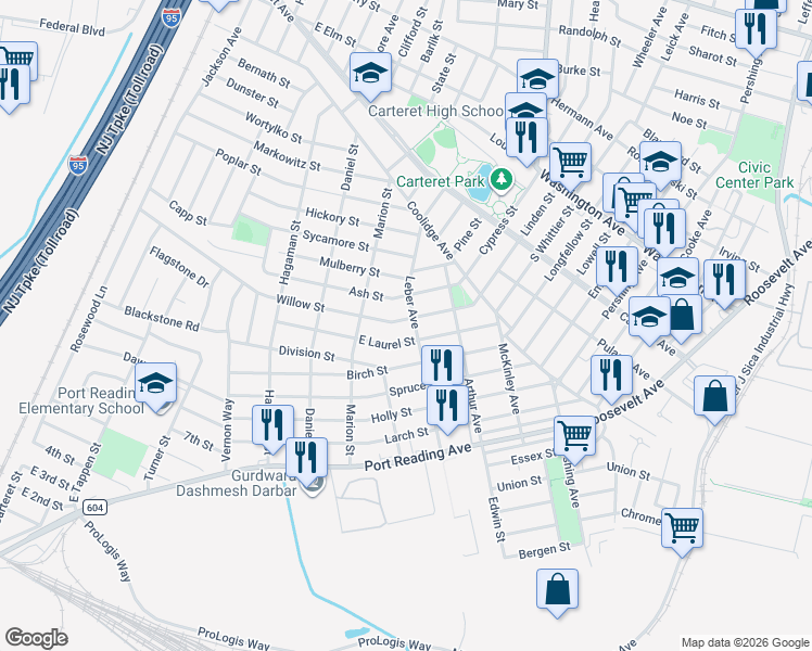 map of restaurants, bars, coffee shops, grocery stores, and more near 61 Leber Avenue in Carteret