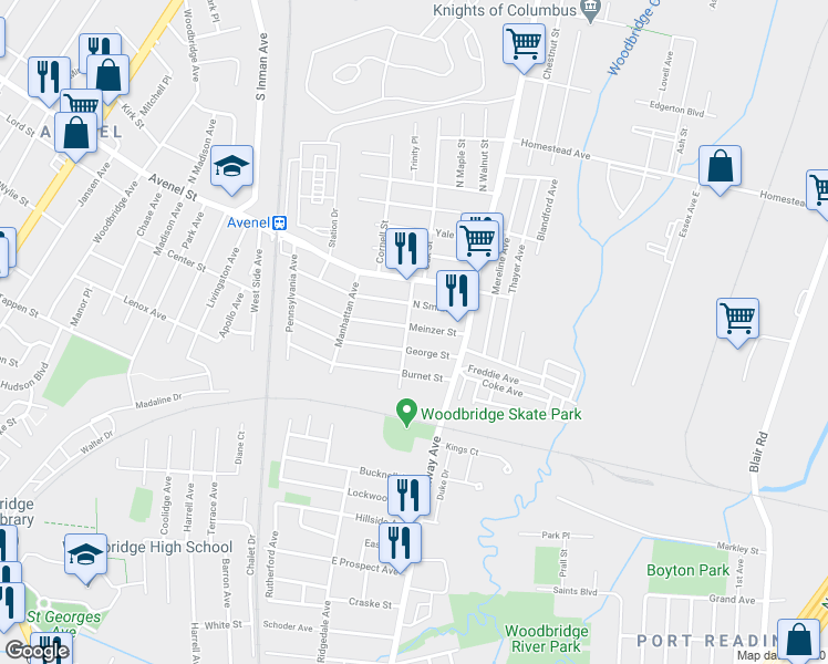 map of restaurants, bars, coffee shops, grocery stores, and more near 57 Commercial Avenue in Woodbridge Township