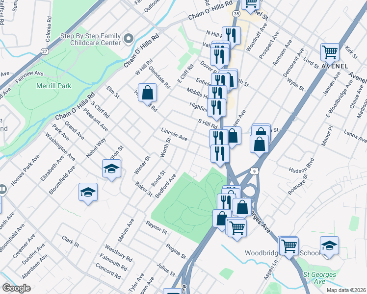 map of restaurants, bars, coffee shops, grocery stores, and more near 97 Lincoln Avenue in Woodbridge Township